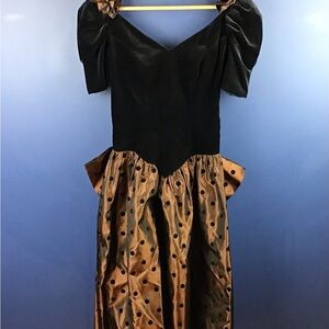 Vtg Bianchi Brown Polka Dot Velveteen Taffeta Princess Drop Waist Formal Dress